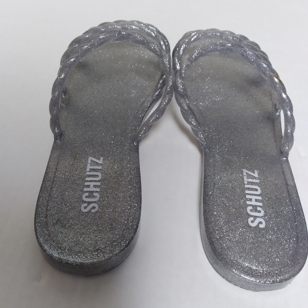 Schutz Silver Metallic Glitter Jelly Gladiator Flat Slide On  Sandals Size 9 - Picture 9 of 9